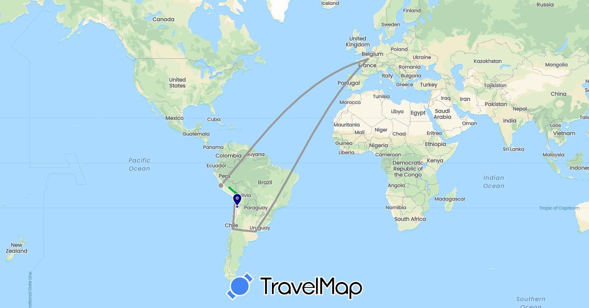 TravelMap itinerary: driving, bus, plane in Argentina, Bolivia, Chile, France, Peru (Europe, South America)