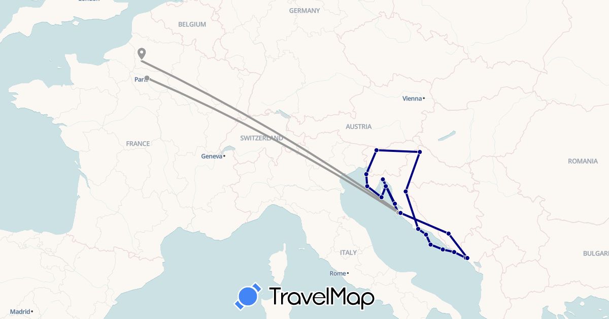 TravelMap itinerary: driving, plane in Bosnia and Herzegovina, France, Croatia, Montenegro, Slovenia (Europe)